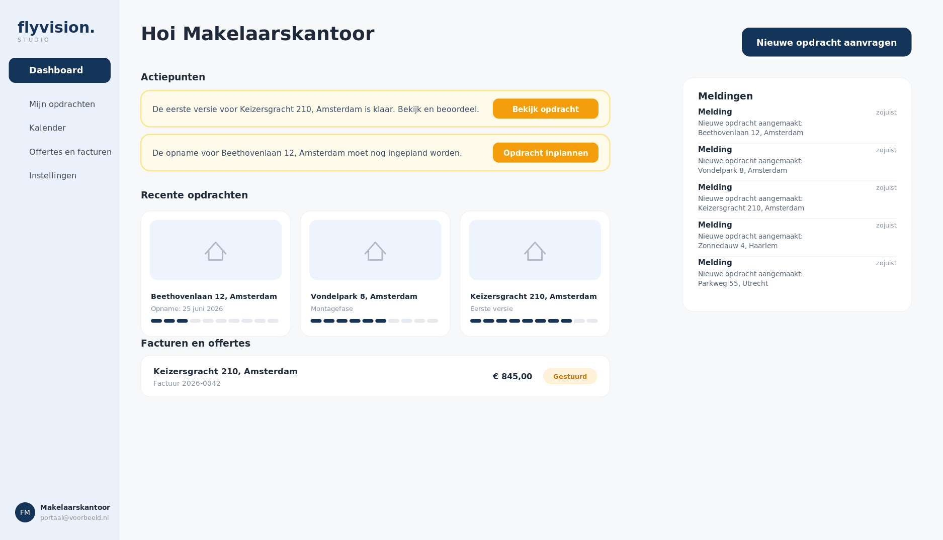 Het FlyVision klantportaal: opdrachten, planning, facturen en meldingen op één plek.
